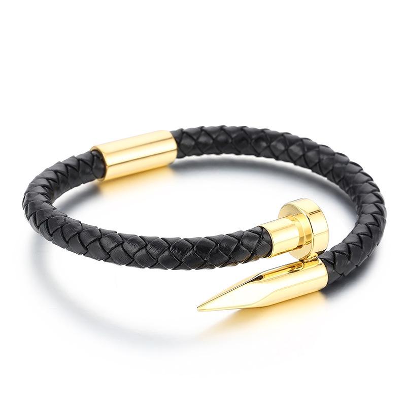 Men's Leather Magnetic Clasp Bracelet with Stainless Steel Nails