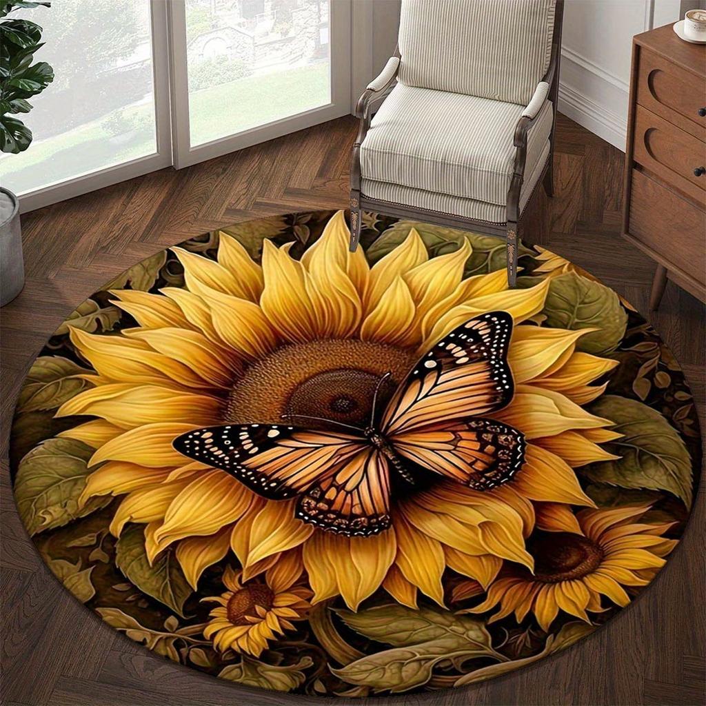 1pc Crystal Velvet Charming Butterfly and Sunflower Round Mat - Non-Slip,, Washable Living Room & Bedroom Decorative Doormat, Home Entrance Mat