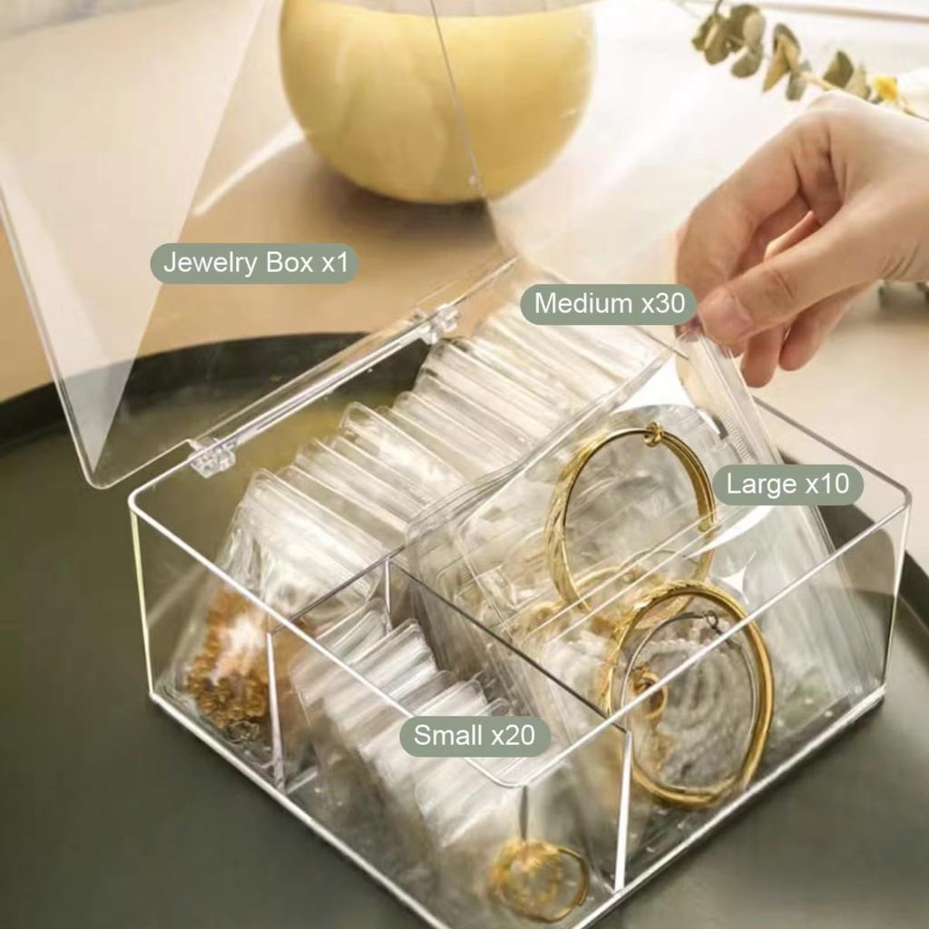Smykkeorganisatorer og oppbevaring i akryl med 60 bærbare anløpsbeskyttende smykkeposer Klar smykkeskrin-organisator Reisesmykkeetui