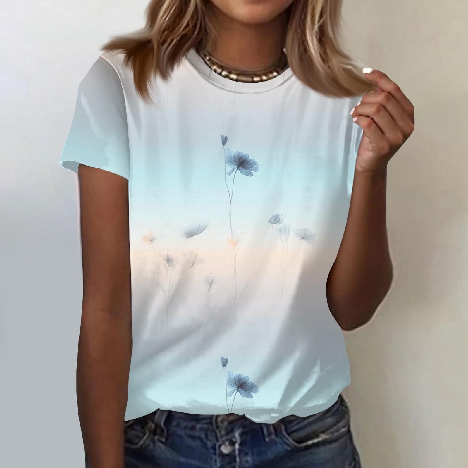 

Женская повседневная свободная футболка с принтом, круглый вырез, пуловер, короткий рукав, топ M небесно-голубой