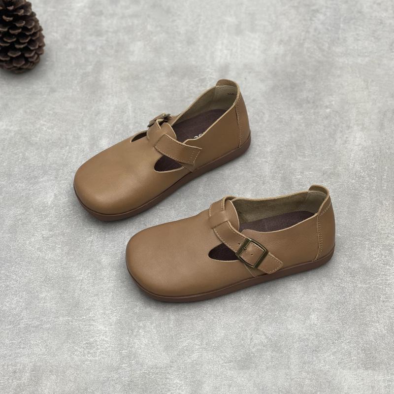 Retro Single-toed, Flat-bottomed, Low-top, Casual and Versatile Soft Leather Women's Shoes