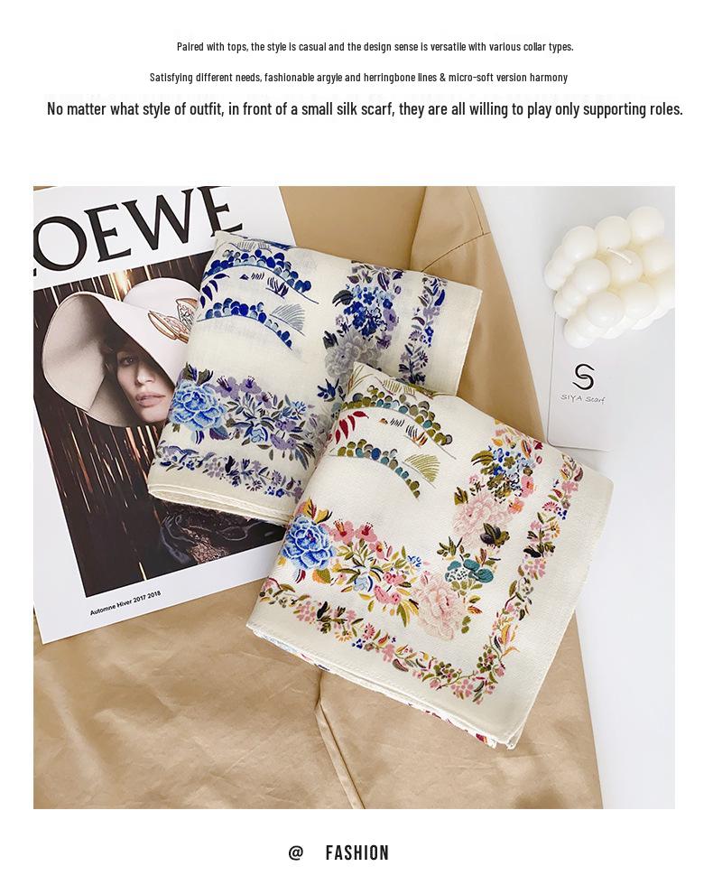 Korean Style Silk Square Scarf with Butterfly & Flower Print - Women's Fashion Accessory, Neck Tie, or Hair Scarf - Ideal Mother's Day Gift