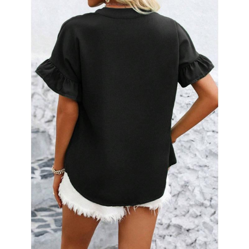 YYFS Women's Fashion Casual Summer Spring Solid Color Print Short Sleeve V-Neck Blouses & Shirts