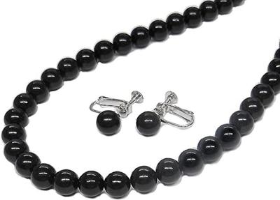 [Your and My Jewelry Box] Natural Jet Necklace and Earrings or Pierced Earrings Set (8.0mm Beads) [Gift Wrapped] (45cm Earrings)