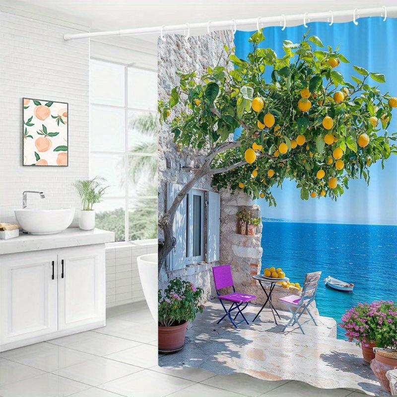 Mediterranean Lemon Tree Shower Curtain Ocean View Waterproof Bathroom Decor Coastal Style Home Textile Artistic Nature Design