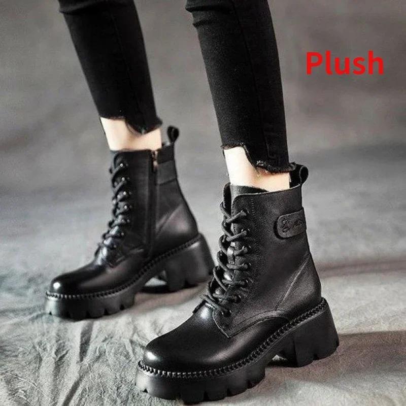 Genuine Leather Women Boots Zip Round Toe Shoes for Women Concise Leisure Sewing Platform Boots