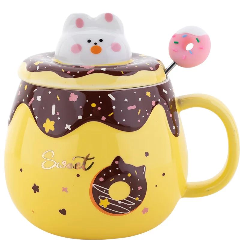 Cute Doughnut Mugs with Lid and Spoon High Appearance Level Girls' Coffee Cups Home and Office Creative Ceramic Drinking Cups