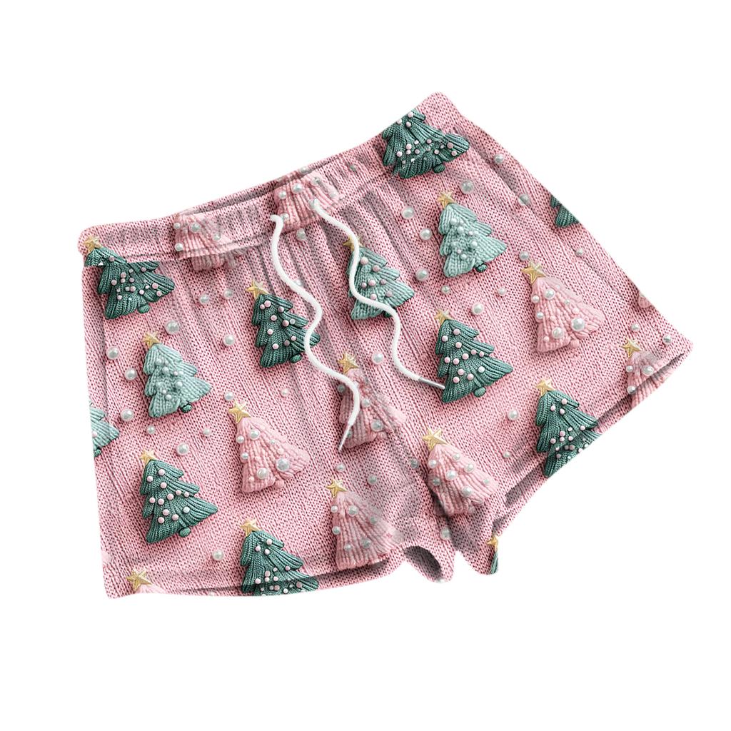 Damen Modische Locker Geschnittene Pyjamashorts Mit Fleece Weihnachtsprint Freizeithose