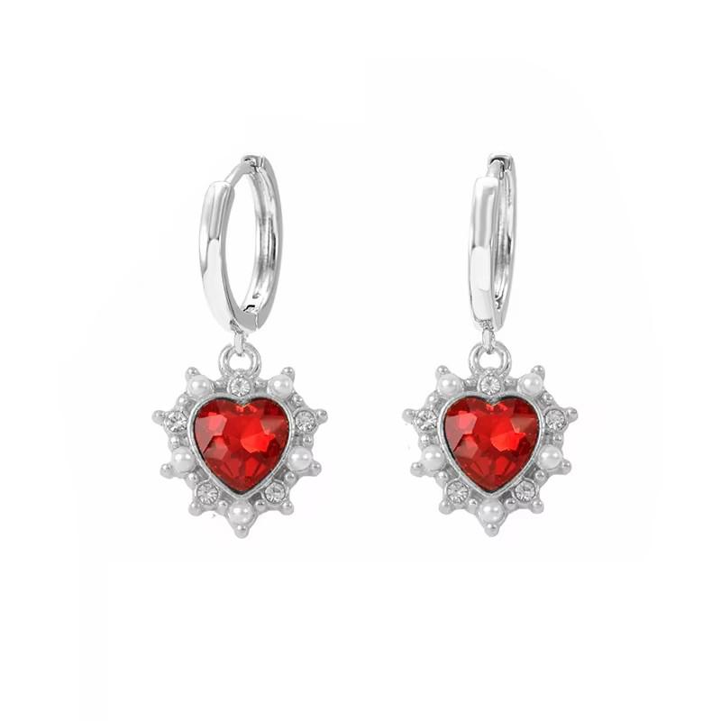 Vintage Red Gemstone Heart Dangle Earrings Gold Plated Baroque Style Pearl Crystal Earrings For Women French Jewelry