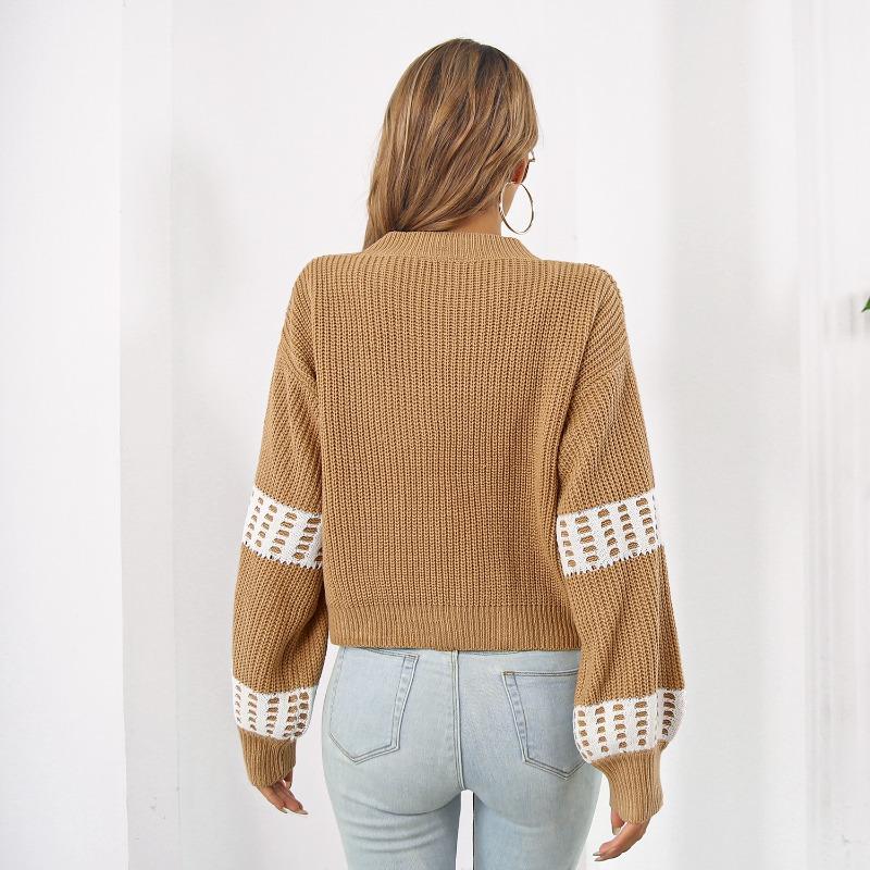 Women S V Neck Lantern Sleeve Contrast Color Short Cardigan Sweater Coat