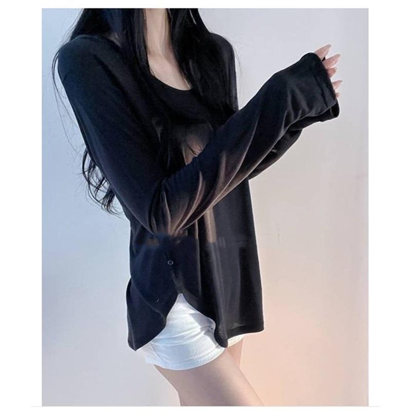 

Spring Lightweight V Neck White Long Sleeve Sun Protection Shirt Split Slim Fit Top For Women Outerwear One Size чорний