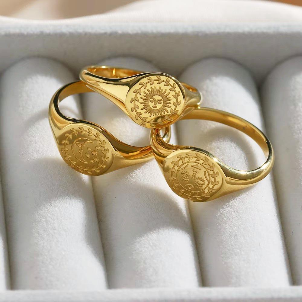MamacitaSlay Waterproof 316L Stainless Steel Creative Engraving Moon Star Godness Design Signet Ring Gold Plated Rings For Woman