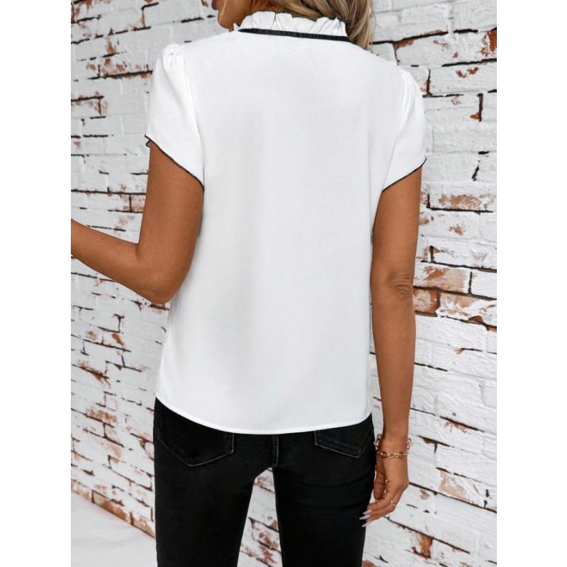 Fashion Versatile Pleated Round Neck Lace Up Printed Short Sleeve Women T Shirt