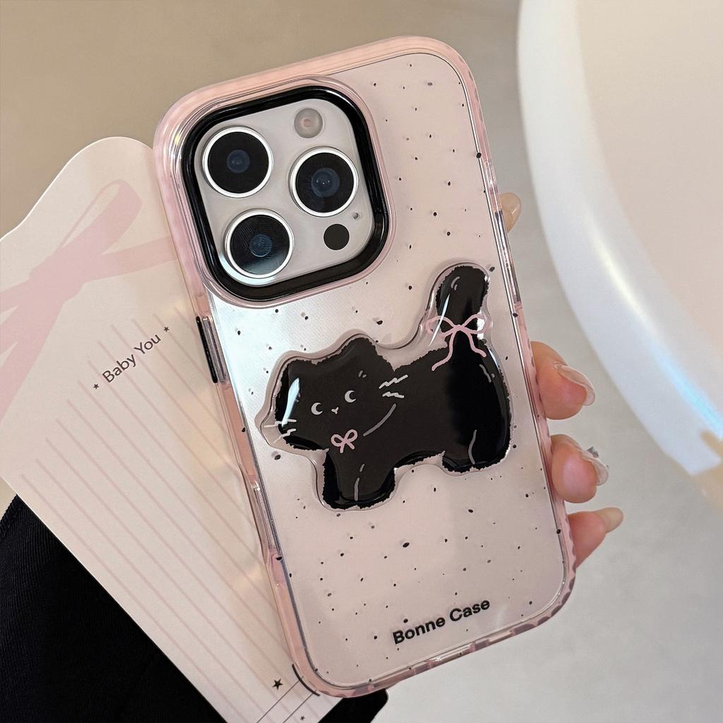 Black Pink Cartoon Suitable for IPhone 15 Apple 16pro Mobile Phone Case Max Three Dimensional Cat 1311 Sweet Cool 14
