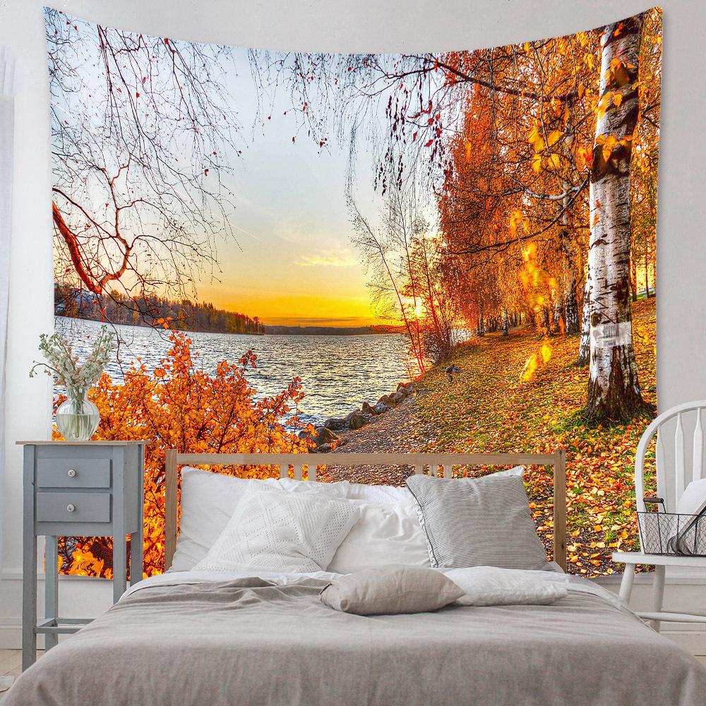 Herbstgelbe Wald Bachlandschaft Wandteppich Ahorn Bäume Blätter Wandbehang Hippie Tapiz Dekor Wandteppiche Teppiche