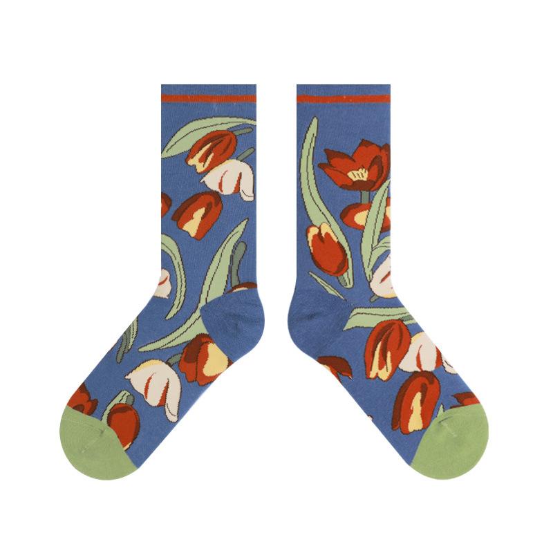 

Summer Floral Socks - Trendy, Breathable, Sweat-absorbent Mid-calf Socks for Ladies, Cotton Socks, Calf Stockings 1 pair