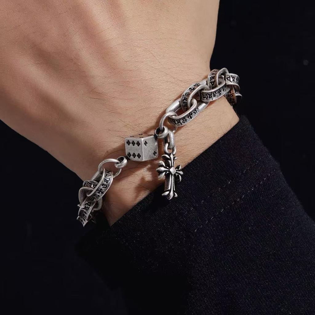Sanskrit retro titanium steel men's and women's bracelets dice do not fade cross flower hip hop gold Cuban bracelet