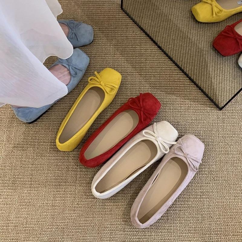 Flat bottom square head red bow single shoes women's new spring and summer skirt ballet commuter shoes