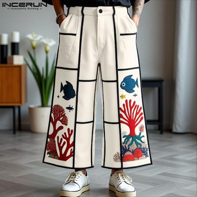 Pantalon Décontracté Ample à Taille Zippée pour Homme avec Coutures Imprimées Long Jambes Larges