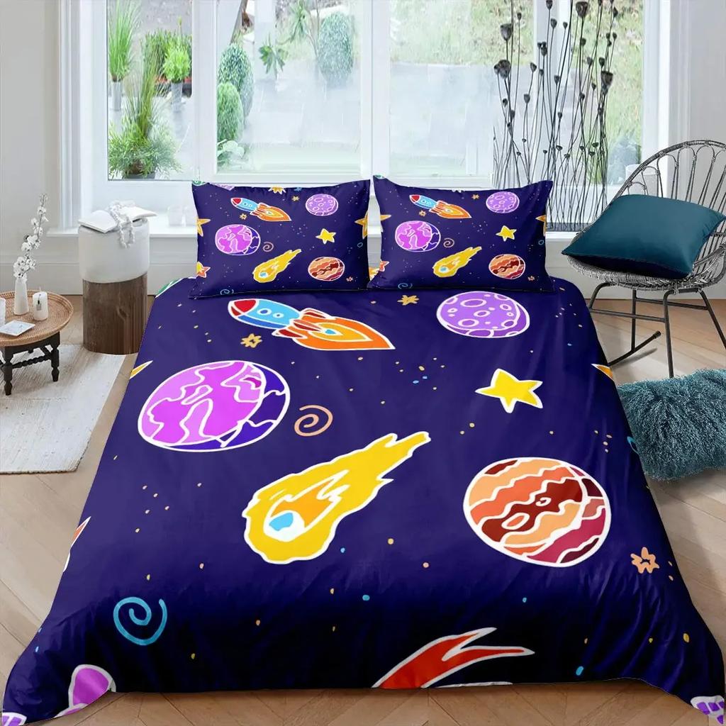 Rocket Duvet Cover Set King Size Spaceship Bedding Set Twin Microfiber Outer Space Galaxy Stars Planet Cartoon Style Quilt Cover