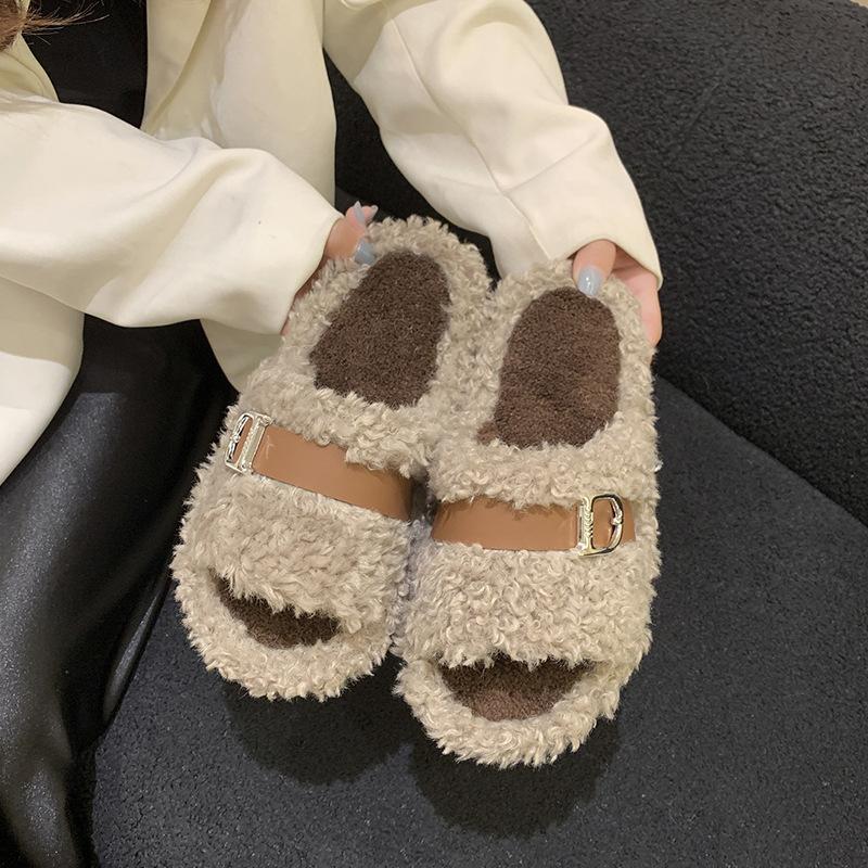 Muffin Thick-soled Wool Slippers Women's Wear 2025 Autumn and Winter New Internet Celebrity Versatile Lamb Curly Wool One-word Cotton Slippers