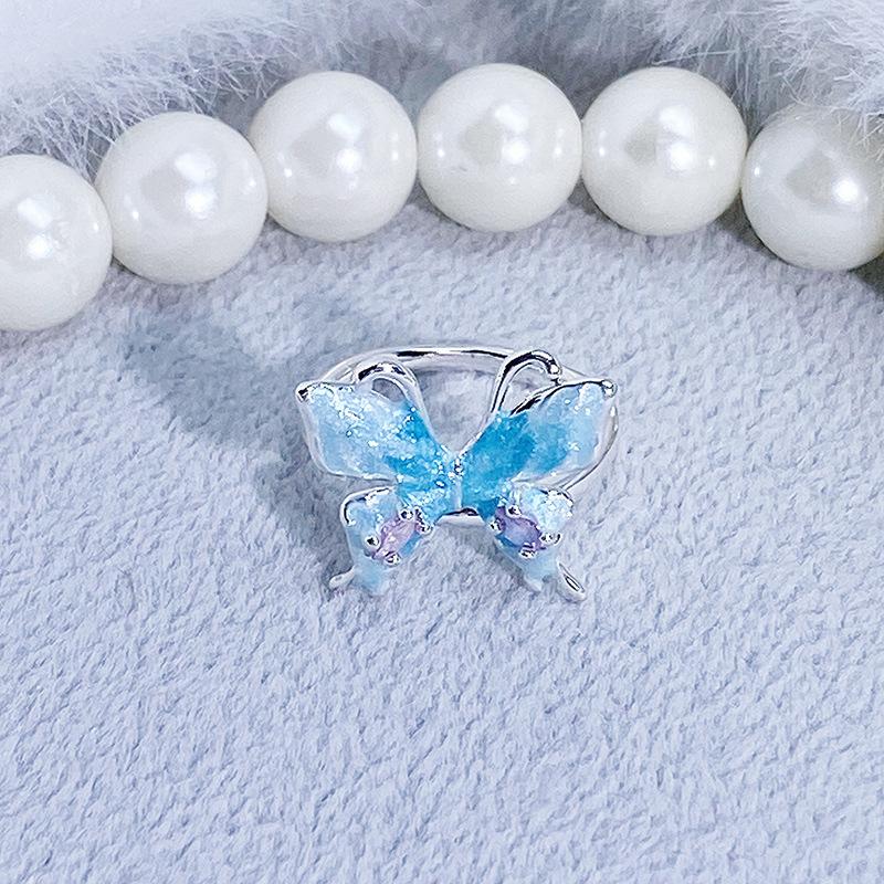 Blue Enamel Oil Drop Flower Bow Star Opening Ring Women'S Niche High-End Light Luxury Ring