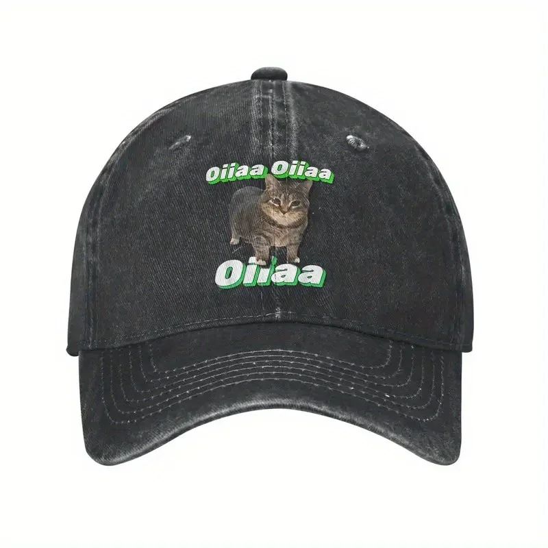 OIIAA Retro Spinning Cat Meme Baseball Cap Adjustable Lightweight Distressed Washed Black Hat with Green Text Casual Outdoor