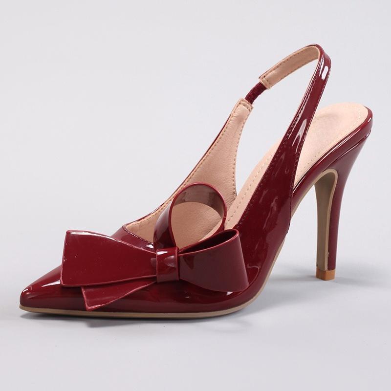 

Fashion Elegant Bowknot Women Wedding Bridal Party Shoes Pointed Shiny Patent Leather Slingbacks Autumn Brand Ladies Modern Pumps 40 вина червоного кольору