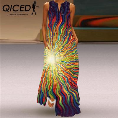 QICED Summer Women's Sleeveless Long V-Neck Printed Jade Flower Dresses