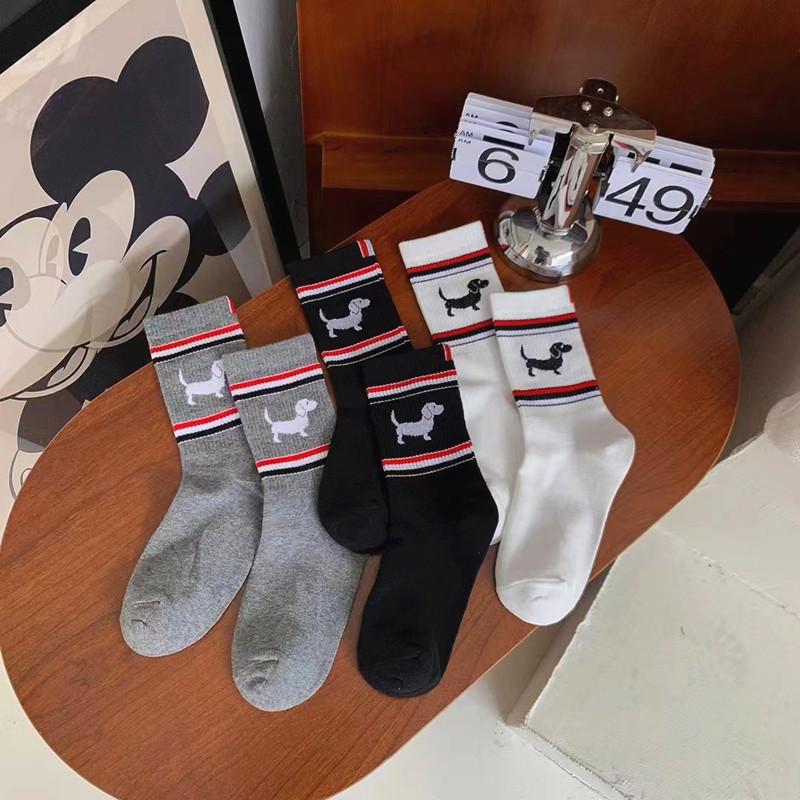 Trendy Brand Tb Puppy Mid-Leg Socks Trendy Classic Striped Socks Black, White And Gray Personality Cartoon Pure Cotton Socks