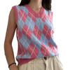 Women Streetwear Preppy Style Knitwear Tank V Neck Argyle Plaid Knitted Sweater