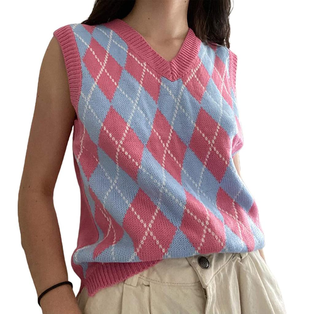 Women Streetwear Preppy Style Knitwear Tank V Neck Argyle Plaid Knitted Sweater