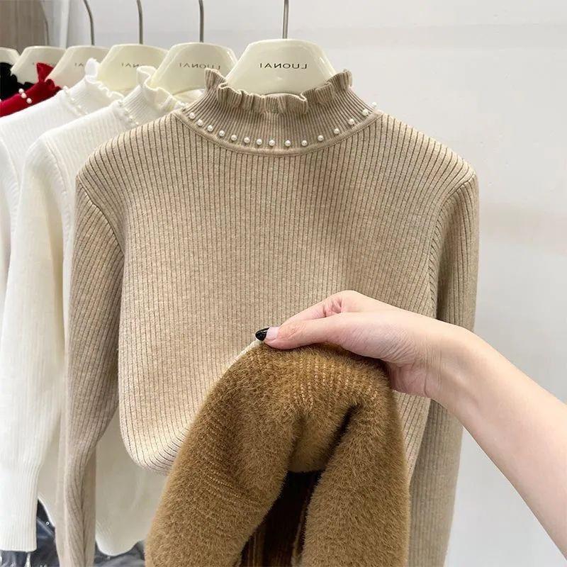 Pulover Tricotat cu Guler de Catifea cu Mărgele pentru Femei Toamnă/Iarnă