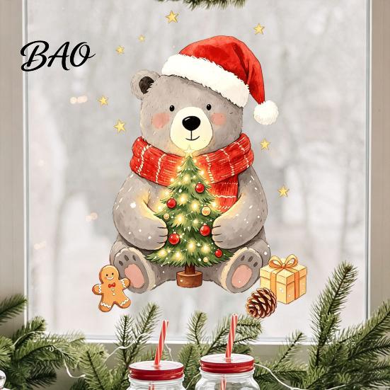 Festive Winter Window Decorations Christmas Bear Static Clings, Cute Holiday Glass Decals, Waterproof PVC Decorative Stickers for Home Store Doors And
