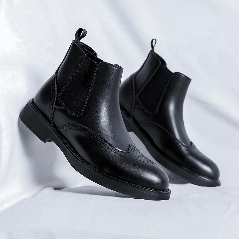 Mens Fashion Chelsea Boots Black Stylish Carved Brogue Shoes Business Office Dress Original Leather Boot Gentleman Ankle Botas