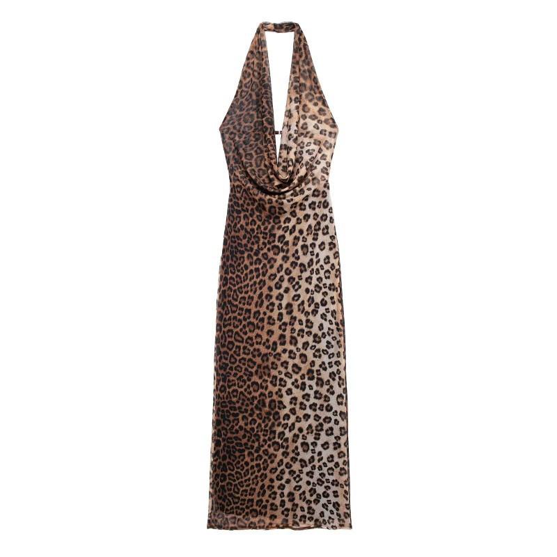 European American Women s Clothing Summer Sexy Backless Leopard Print Hanging Collar Dress XS