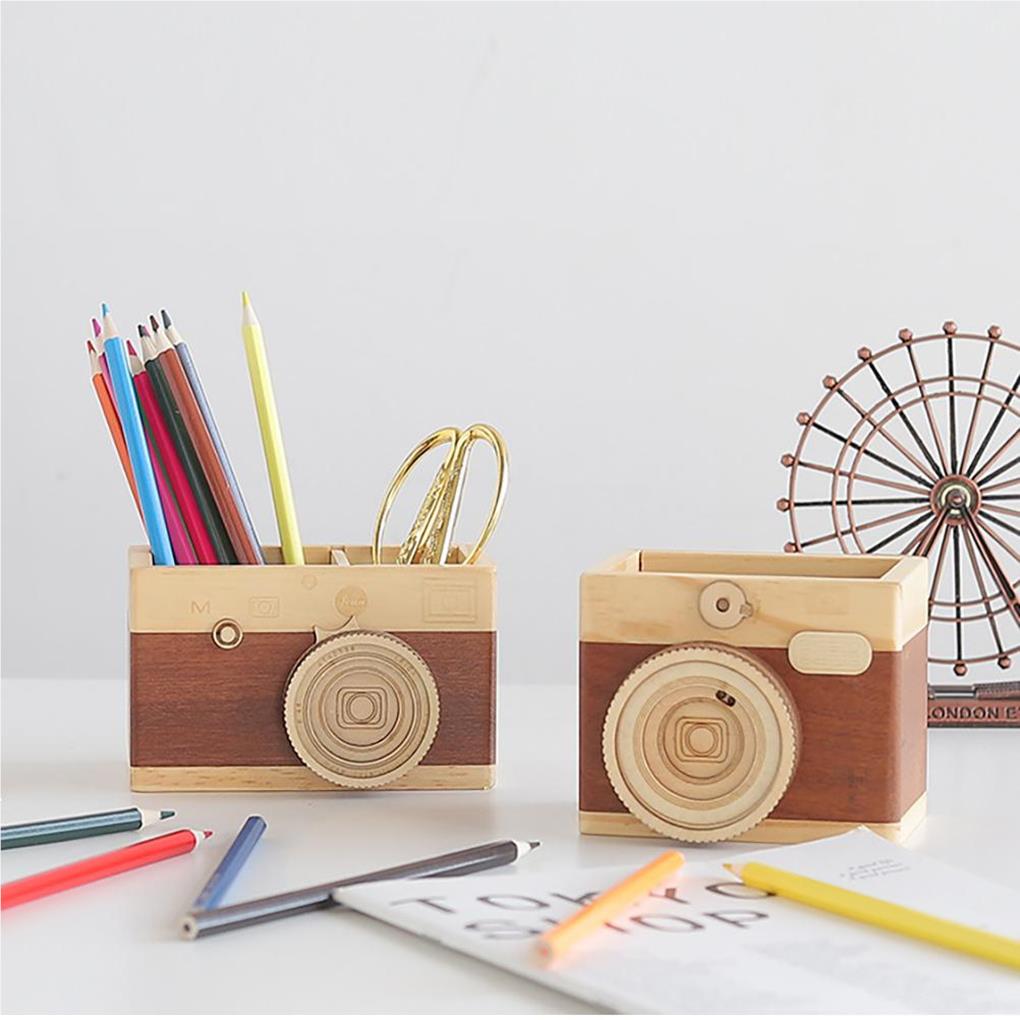 Pen Holder Camera Wood Desktop Organizer Multipurpose Cosmetic Sundries Large-capacity Storage Box Home Office School Office