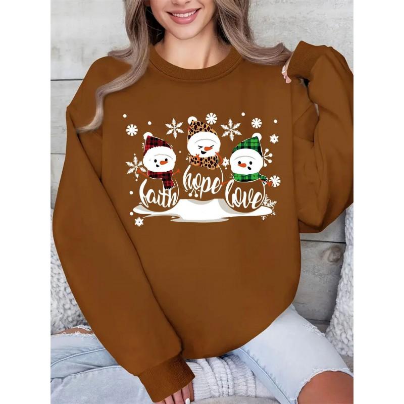 Christmas Snow Print Crew Neck Sweatshirt Women Loose Fit Casual Long Sleeve Top