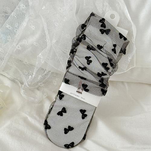 Red Heart Embroidery Kawaii Princess Socks Summer Ultra-thin Transparent Mesh Lace Socks Sweet Girl Black White Loose Long Socks