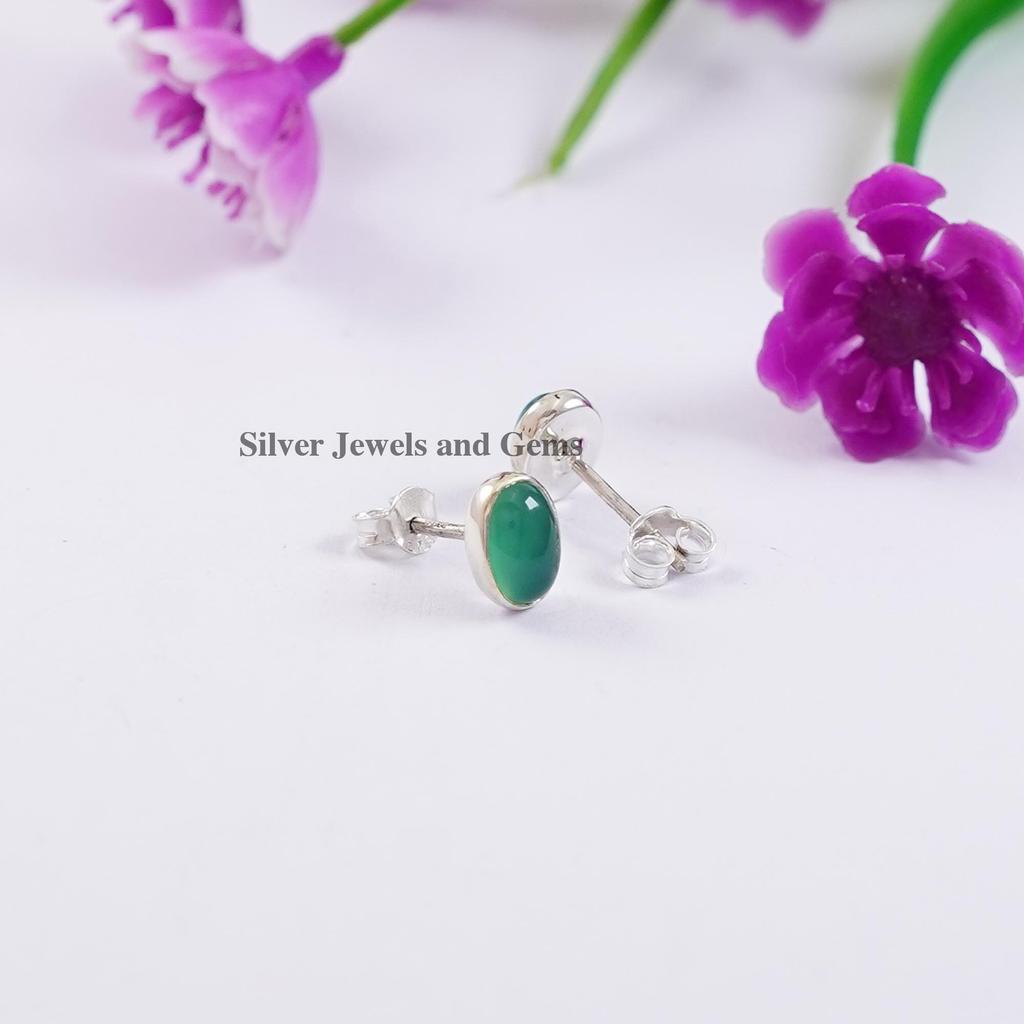 Natural Green Onyx Stud Earrings, 925 Sterling Silver Studs, Oval Onyx Studs, Gift for Mom, December Birthstone, Handmade Tiny Studs