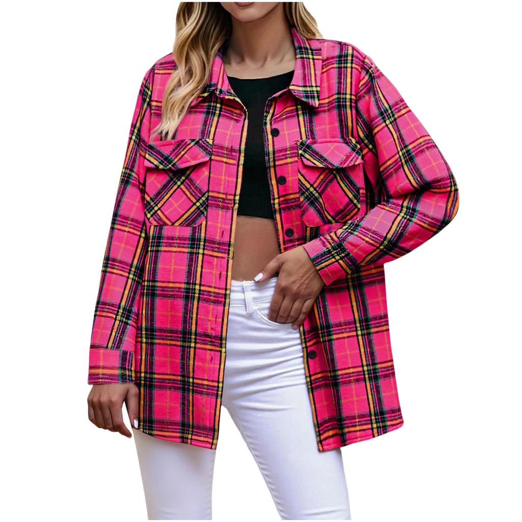 Women's Fashion Long-Sleeve Button-Down Plaid Shirt With Pockets
