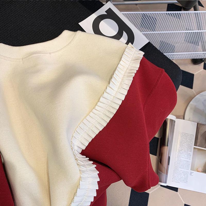 Plus Size Women's Red Fleece Lined Color Block Sweatshirt - Autumn/Winter Thick Long Sleeve Top, 300 Jin Design