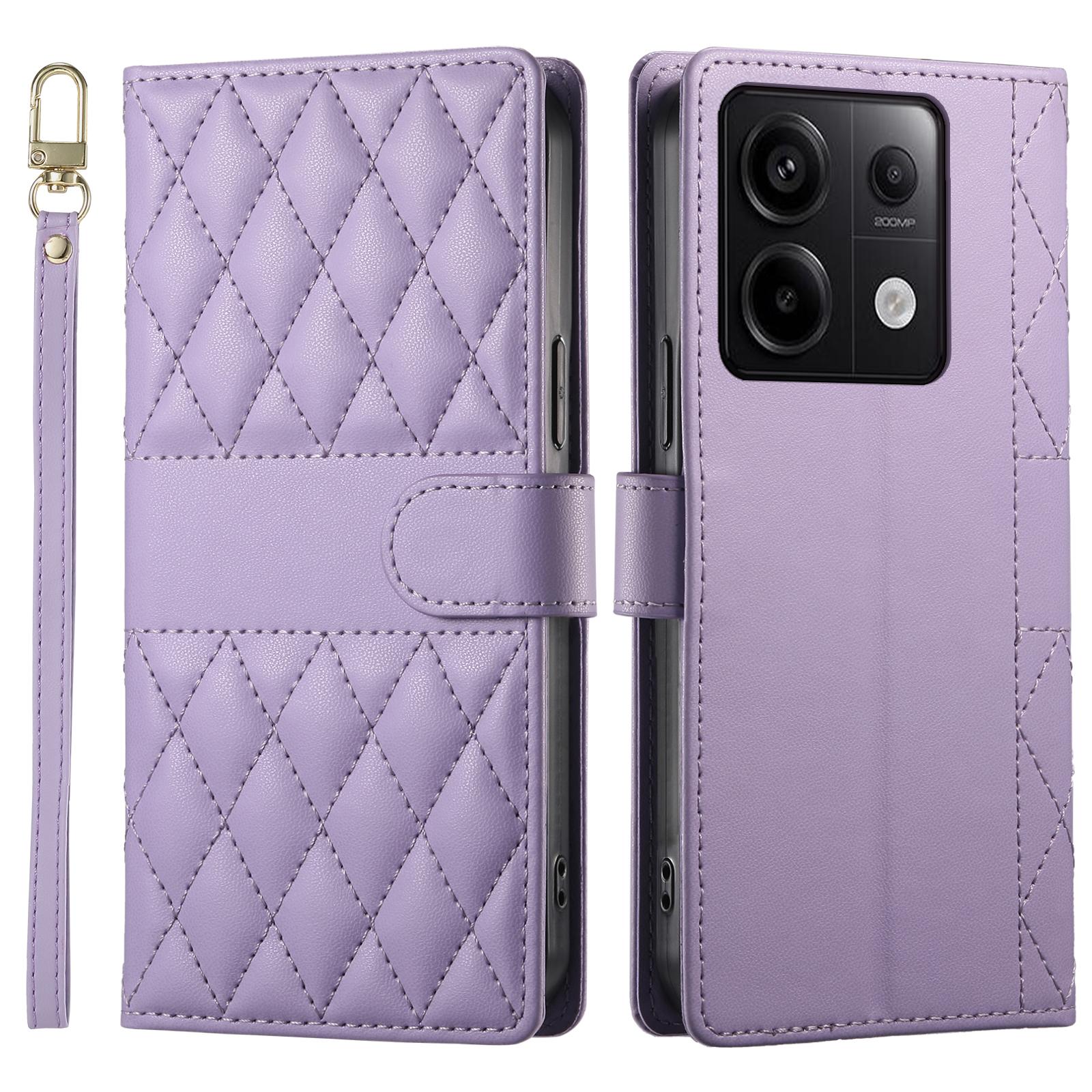 

For Xiaomi Redmi Note 13 Pro 5G Case Rhombus Stitching Wallet Stand Leather Phone Cover with Long/Short Strap Purple