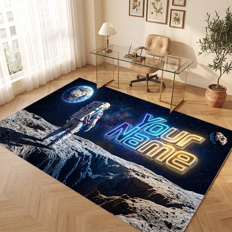 Covor moale din catifea de cristal cu tematică spațială pentru astronauți, cu imprimare personalizată cu nume și text, covor de podea antiderapant pentru dormitor, living