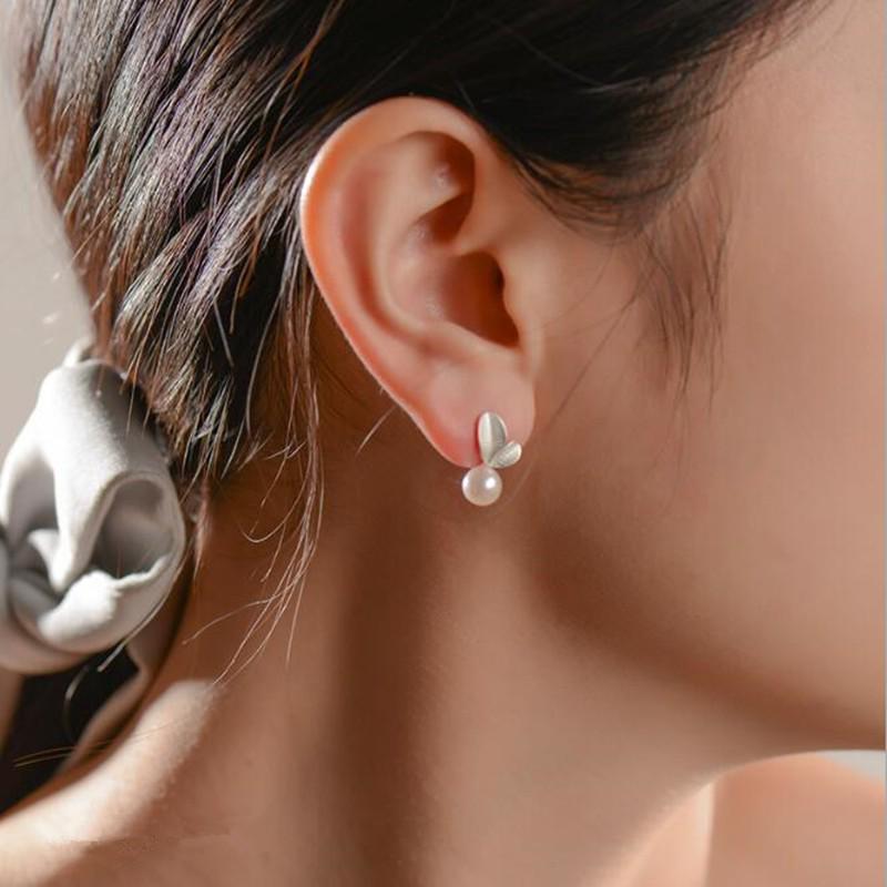 Sterling Silver Pearl Leaf Stud Earrings for Women