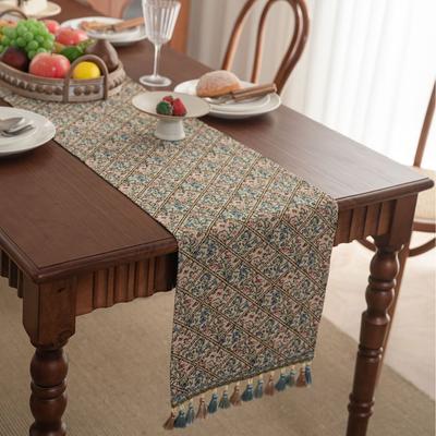 Vintage Embroidered Floral Jacquard Fabric with Multi-Tassels for Living Room Dresser Scarfs Table Runner