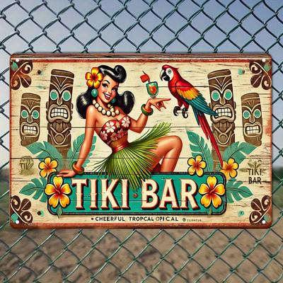 Vintage Gusseisen Tiki Bar Wandkunst Tropisches Metallschild mit hawaiianischem Tänzer Papageien-Design Lebendige Farben Innen/Außen