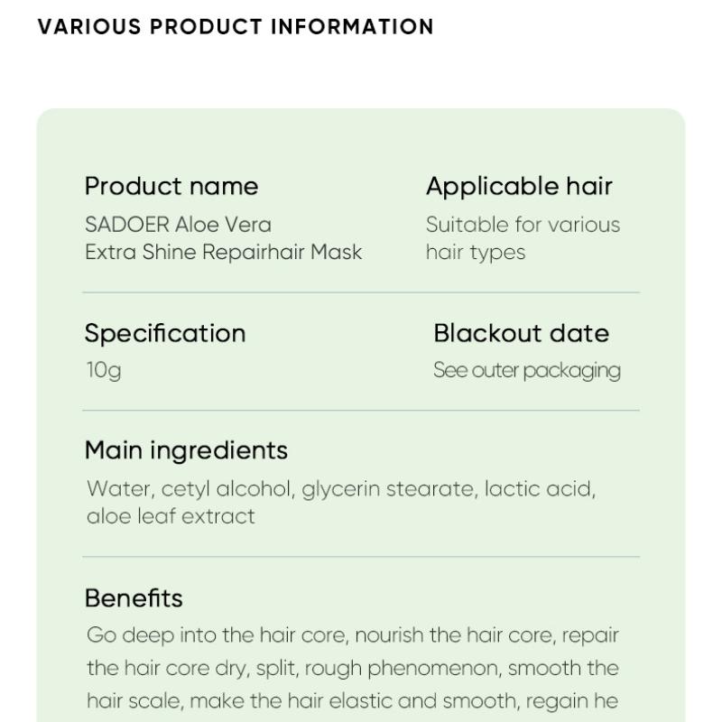 Aloe Vera Hair Mask 10g SADOER Softening Improves Frizz Portable