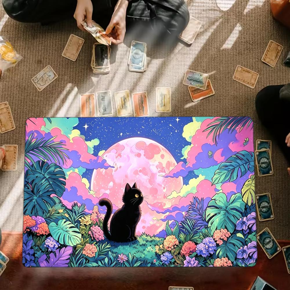 Black Cat Moon Garden Anime Gaming Mouse Pad Playmat 24"X14" MTG TCG Office Desk Mat for Work Game PC Laptop Rug Carpet MousePad