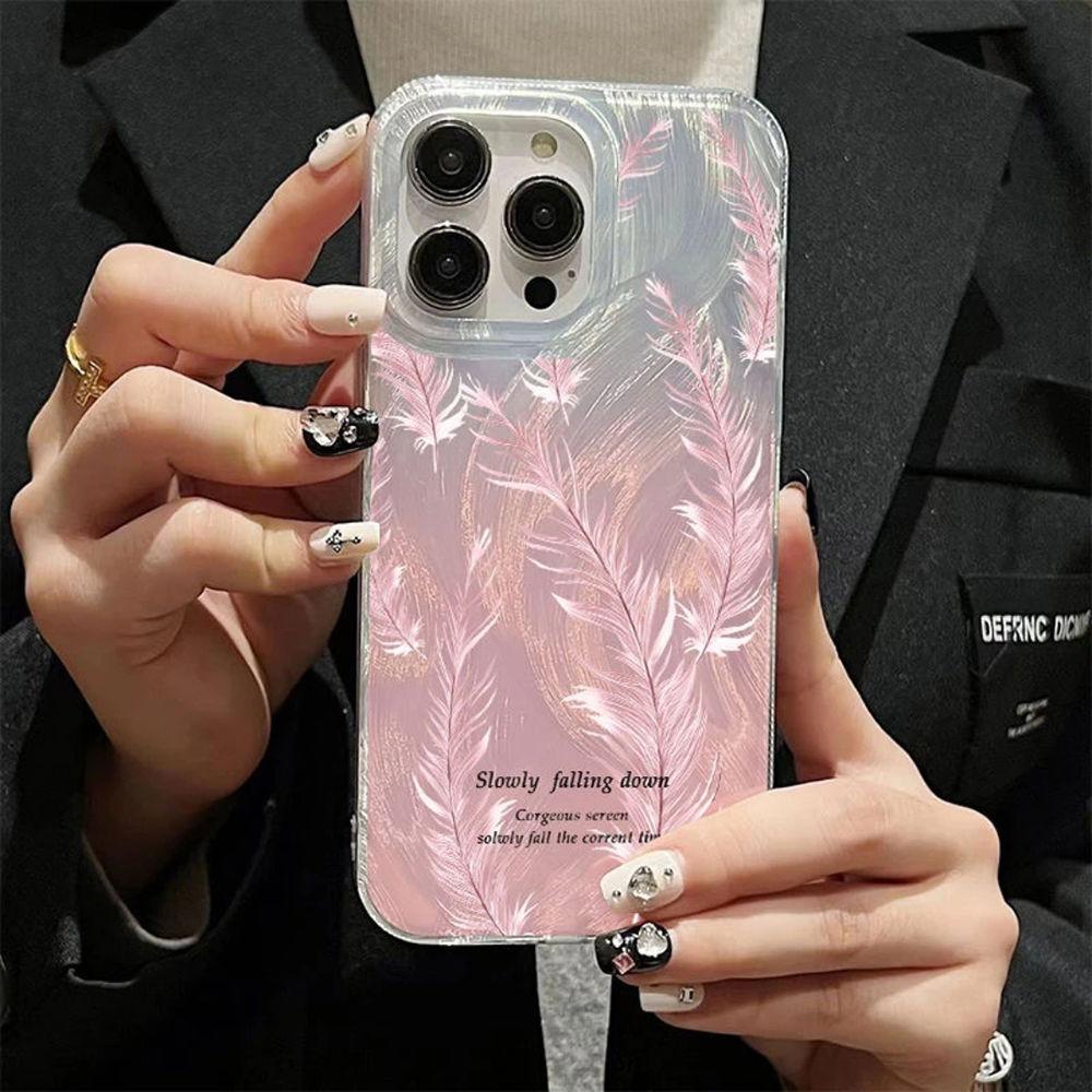 Pink Aurora Feather Suitable for iPhone17promax Apple 16 Laser Phone Case 14/13 Large Hole 15